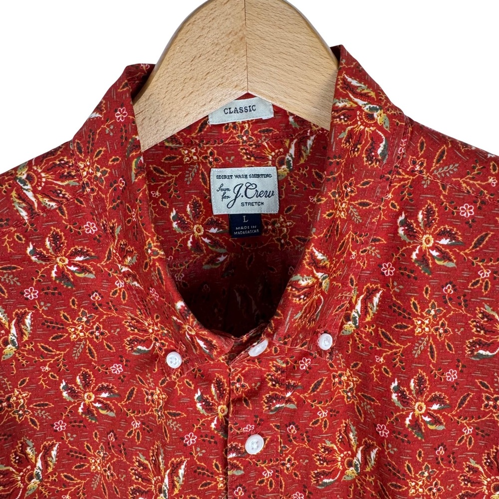 J.Crew Secret Wash Stretch Short Sleeve Floral Shirt Mens Large Red Classic Fit